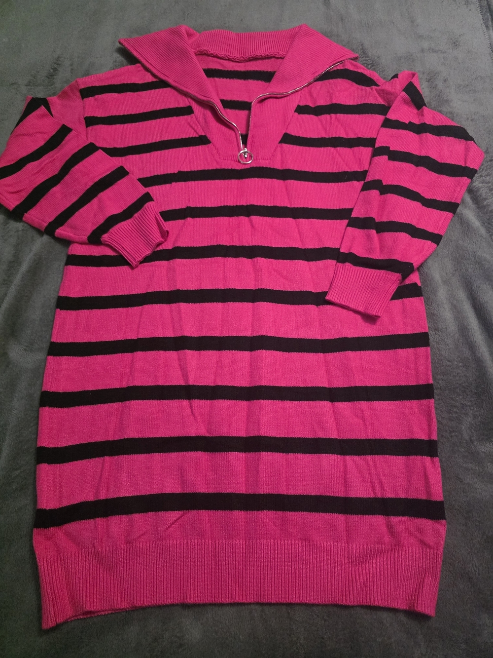 Striped Half-Zip Sweater Dress - Hot Pink & Black